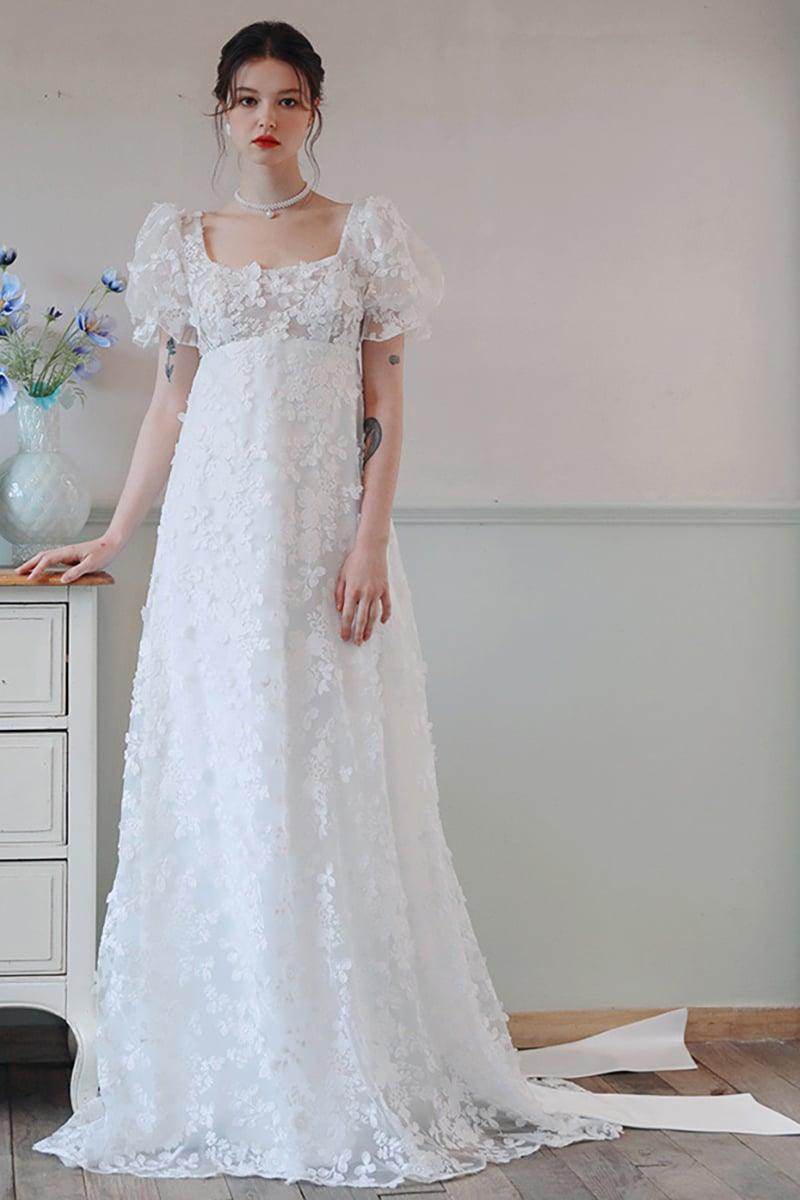 A-Line Sweep-Brush Train Lace Satin Wedding Dress CW3095 - COCOMELODY